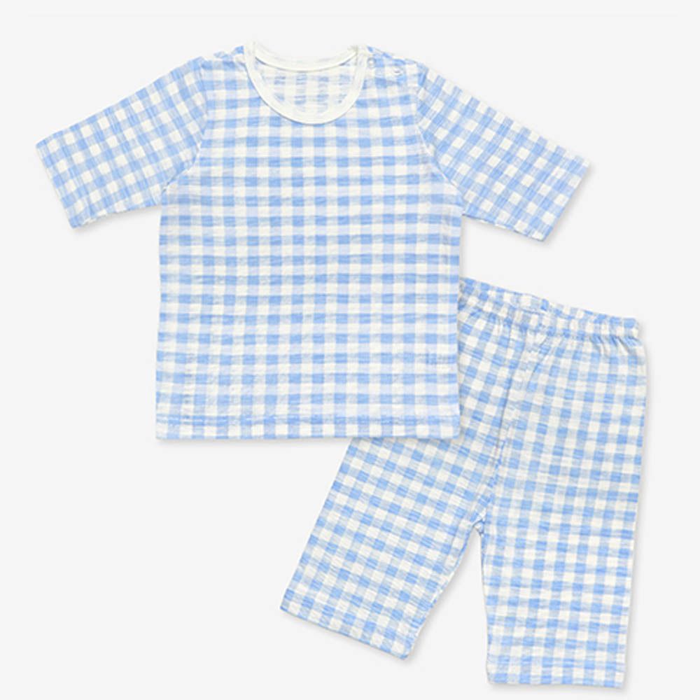 韓製莫代爾透氣7分袖家居服-經典格子-藍