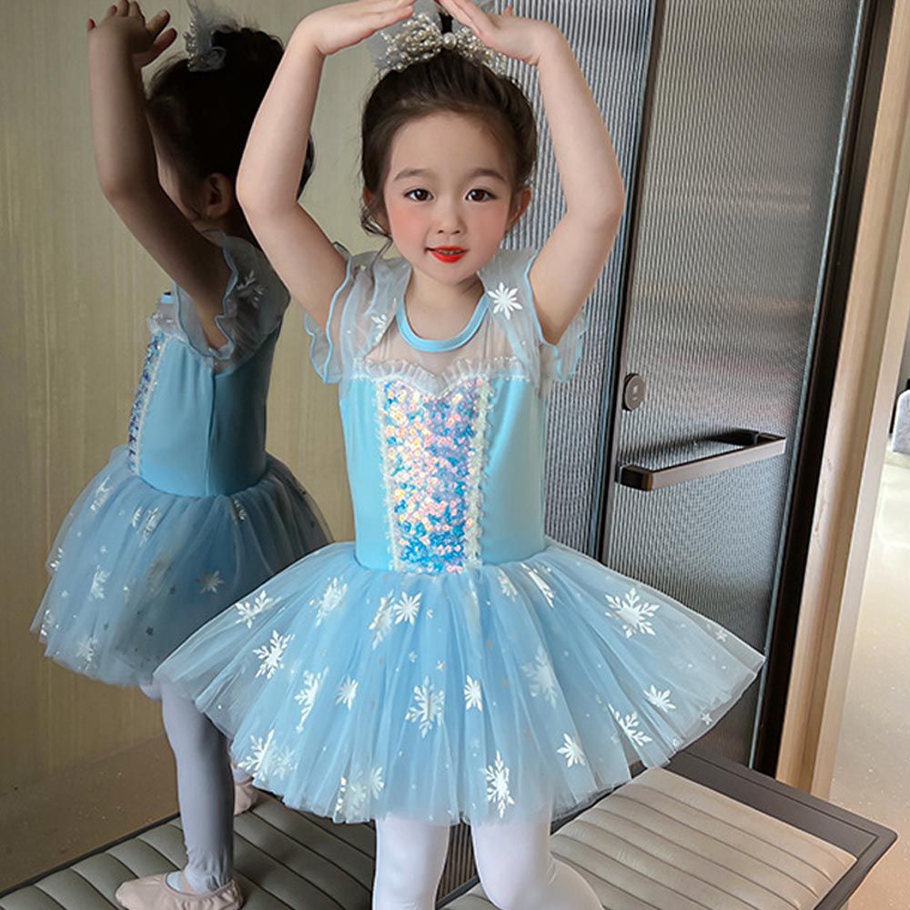 短袖造型公主裙/芭蕾舞裙-冰雪亮片-藍色