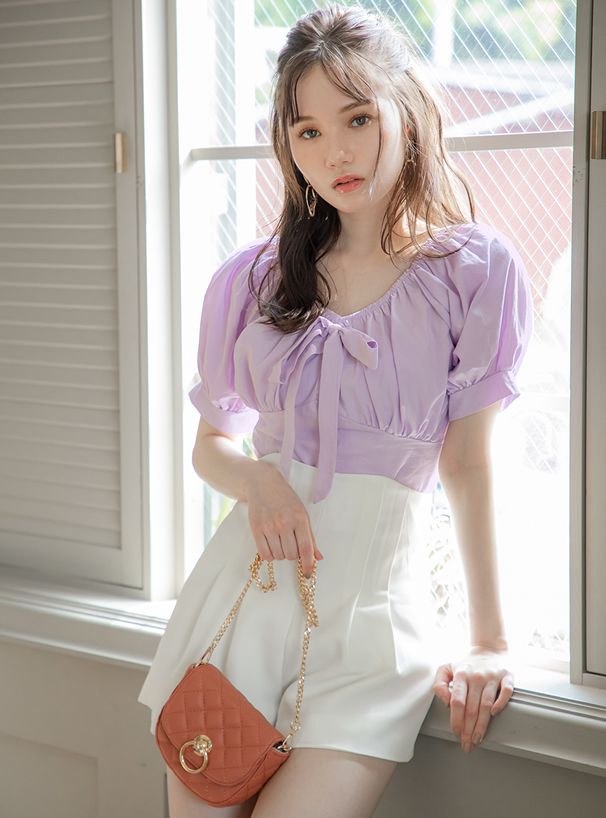 日本 GRL - 氣質抓皺U領蝴蝶結綁帶短版短袖上衣-青春綠