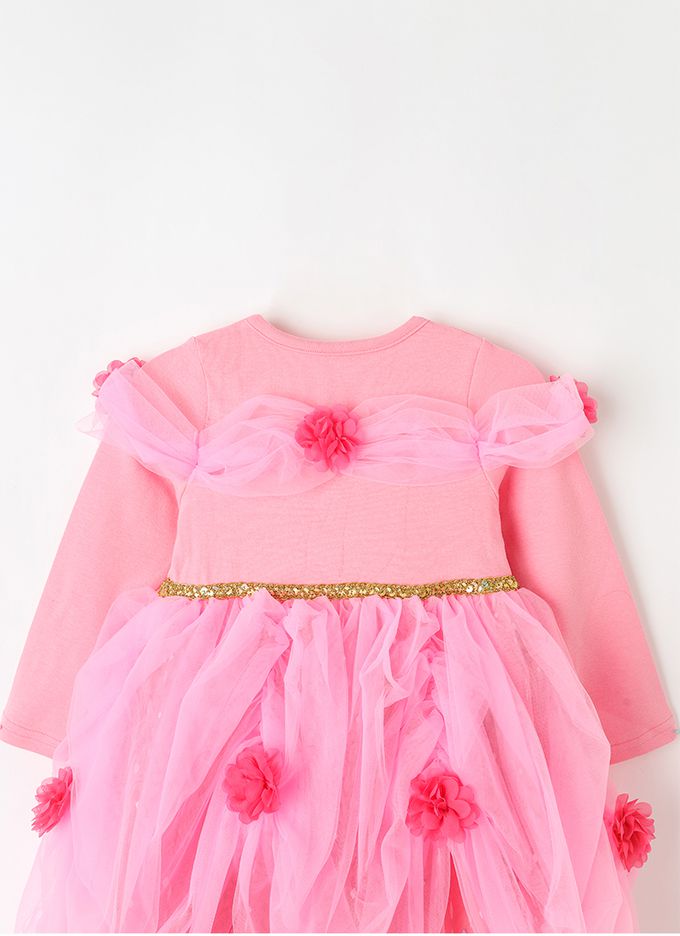 韓國 OZKIZ - (附配飾)花朵層次裝飾公主網紗洋裝-粉