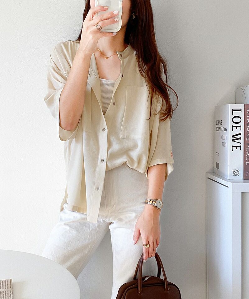 日本 Classical Elf - 楊柳皺縮微透膚短袖襯衫/薄外套-沙杏