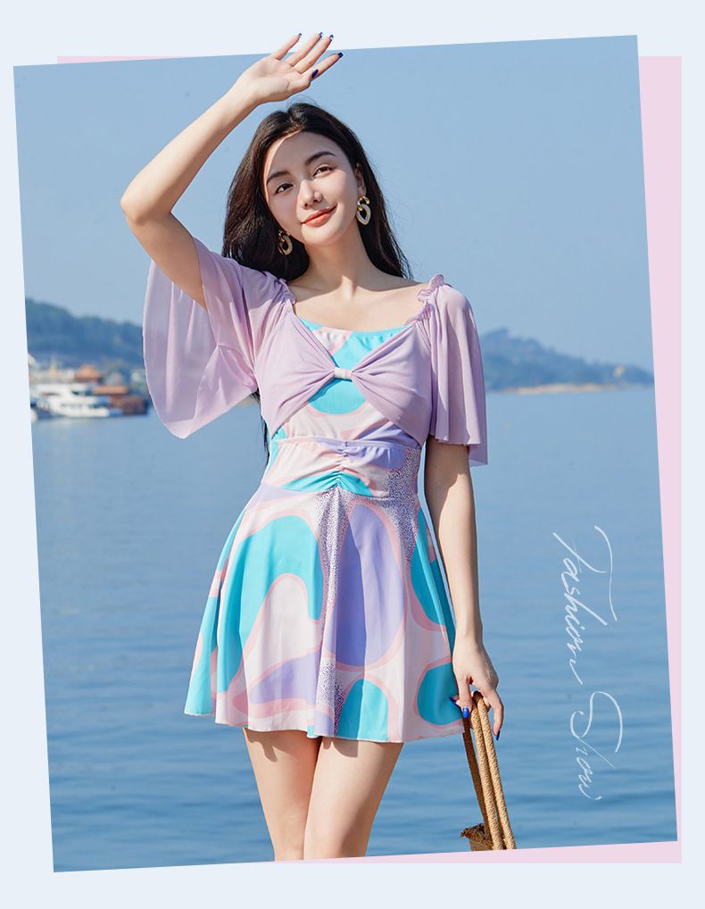 荷葉袖修身顯瘦遮肉連身裙泳衣-拼色幾何-淺紫色