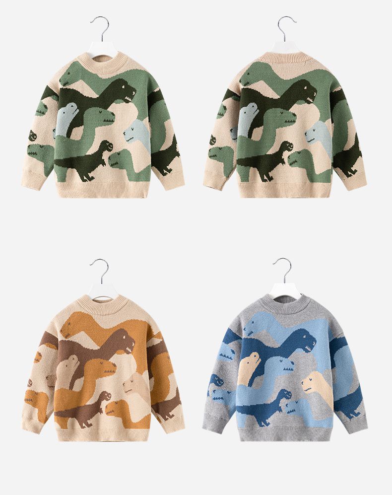 圓領保暖針織長袖上衣/毛衣-恐龍迷彩-綠色