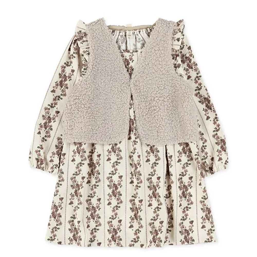 毛毛背心燈芯絨長袖長袖洋裝(兩件式)-碎花-白