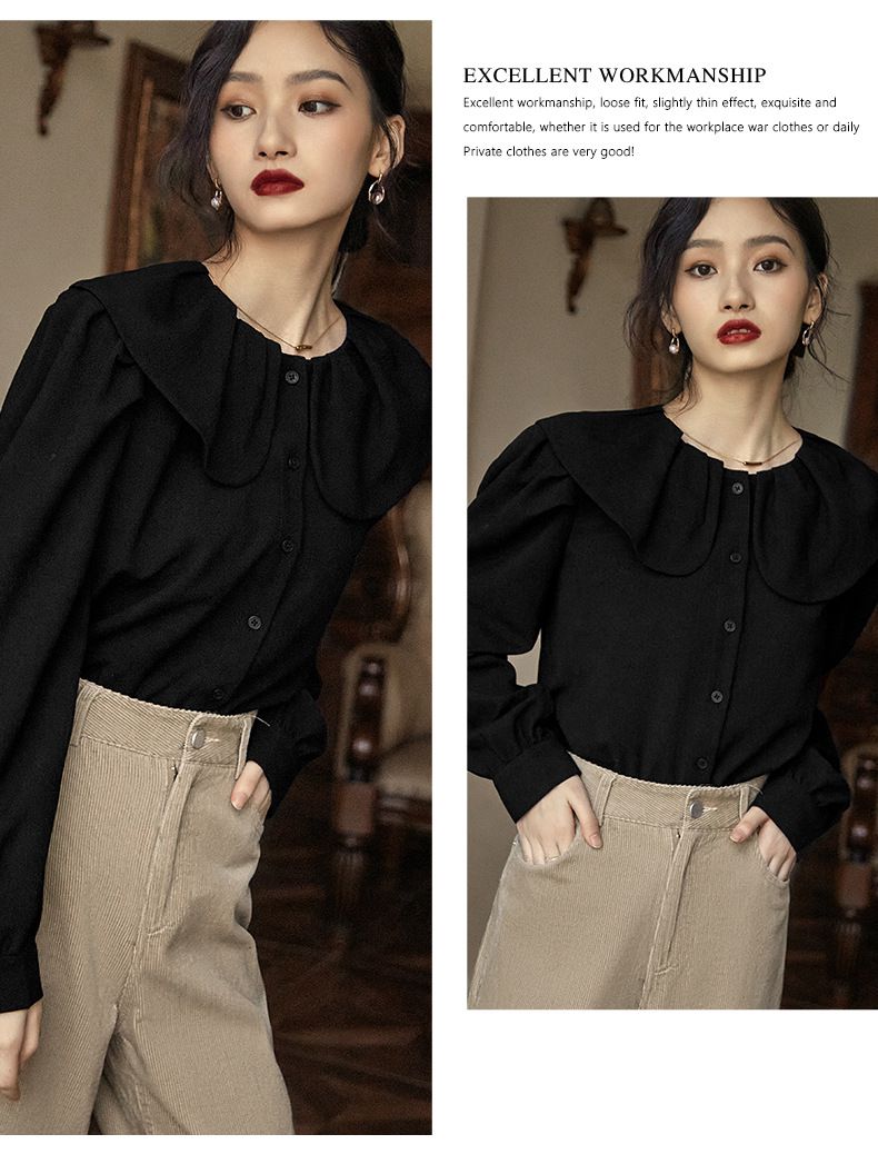 娃娃領長袖襯衫-黑色