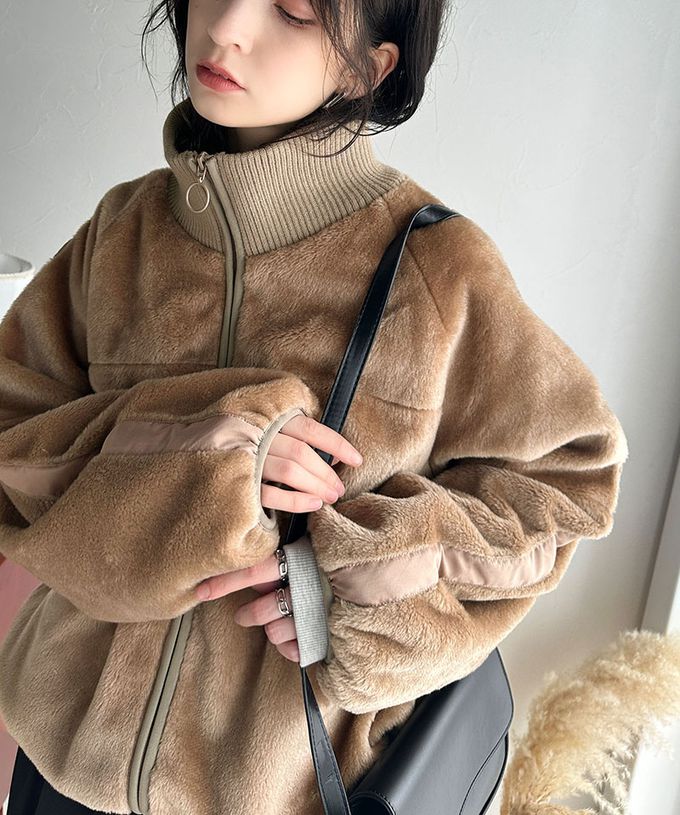 日本 Classical Elf - 率性立領絨面拼接大寬袖夾克-米白