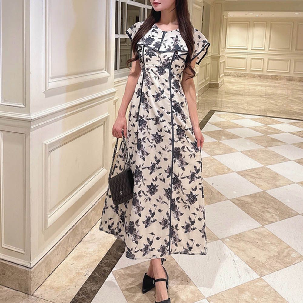 方領成熟印花收腰無袖洋裝-白