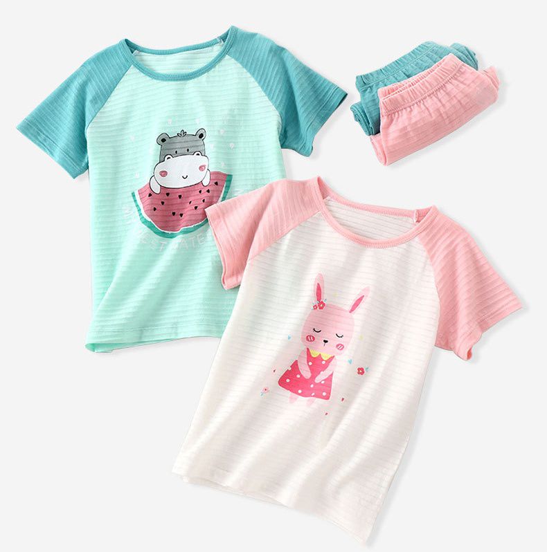 MAMDADKIDS - 竹節棉短袖套裝/家居服-西瓜河馬-藍綠色