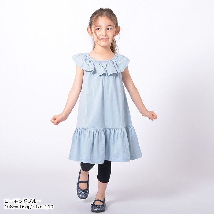 日本 TORIDORY - 純棉 荷葉圓領無袖洋裝-寶貝藍