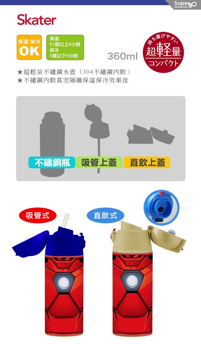 日本 SKATER - 不鏽鋼瓶(360ml)【送】吸管型上蓋-鋼鐵人
