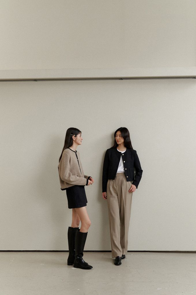 韓國女裝連線 - 百搭無領金釦針織外套-深藍 (FREE)