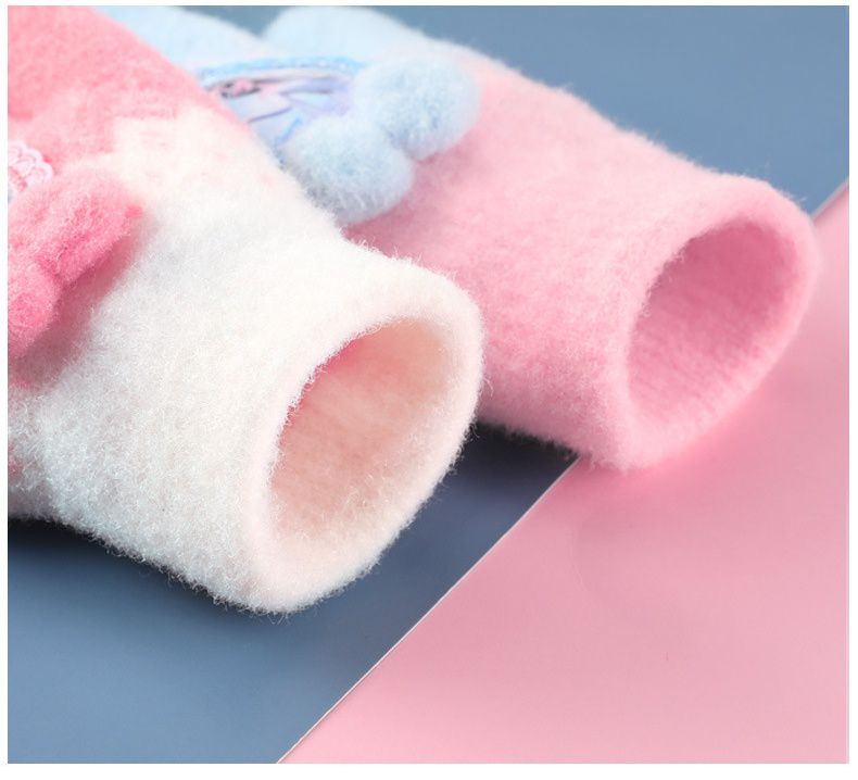 兒童可觸控毛絨保暖針織手套-卡通人物艾莎+雪寶-粉+藍 (建議3歲以上)