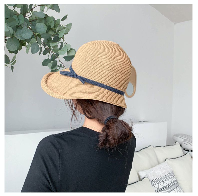 復古百搭可折疊遮陽草帽-繫帶蝴蝶結-灰色 (57cm)