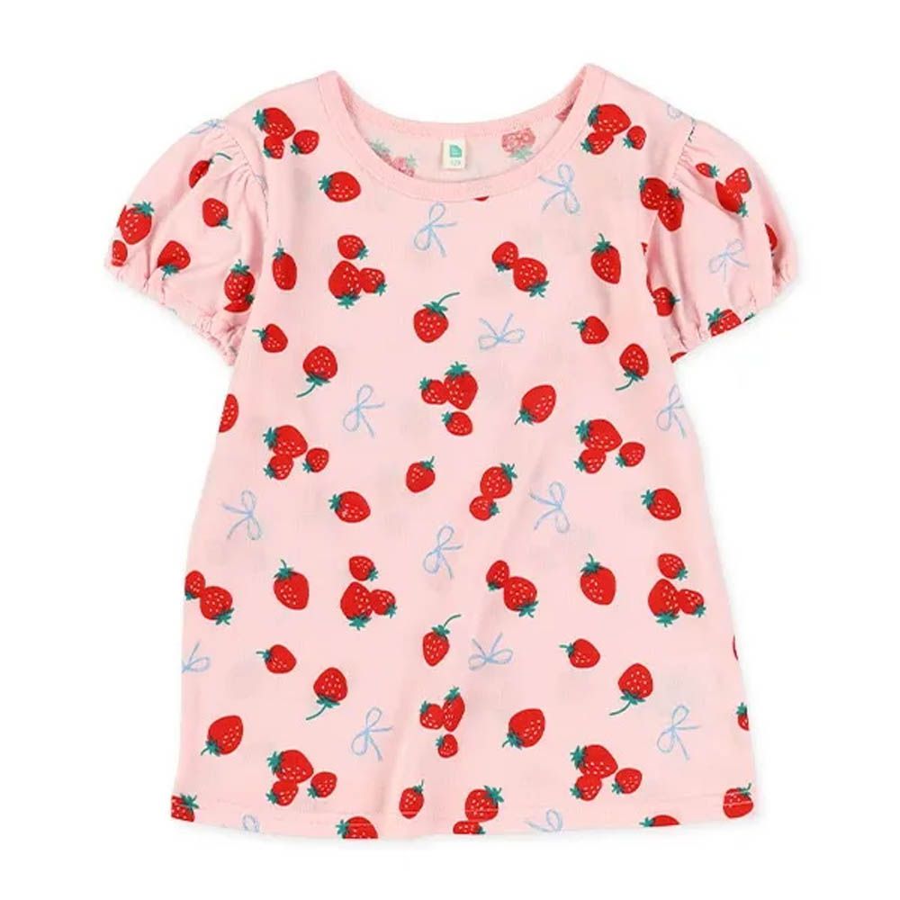 滿版水果印花短袖上衣-草莓-粉紅