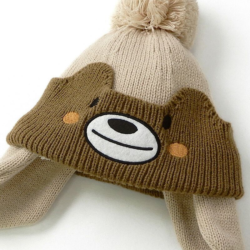 日本 ZOOLAND - 防寒刷毛保暖針織毛帽-立體小熊-卡其 (頭圍(50-54cm))