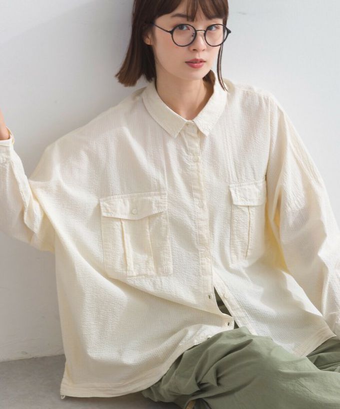 日本 Lupilien - 復古紋理率性抽繩純棉落肩襯衫-綠