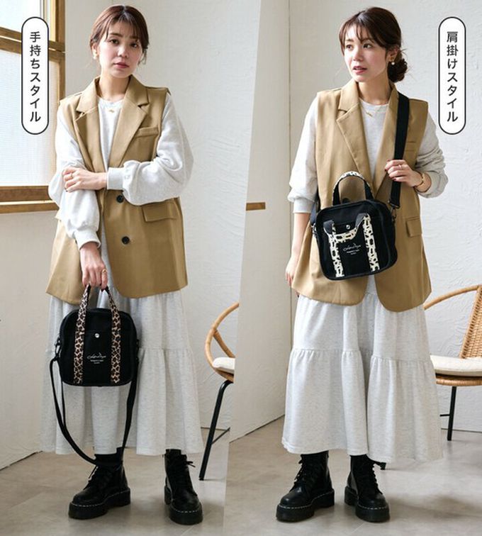 日本 LIZDAYS - 2way輕量文藝方形帆布小包-米杏x黑