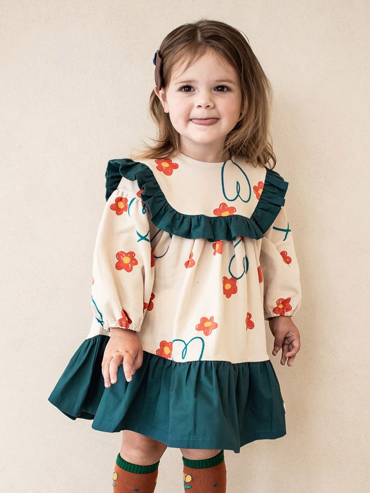 韓國Pimpollo - 微笑花朵荷葉邊洋裝-橘