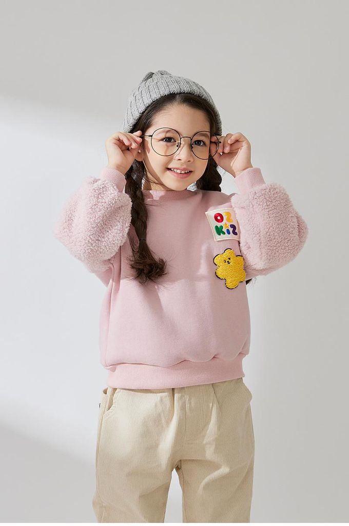 韓國 OZKIZ - 可愛泰迪暖絨磨毛長袖大學T-粉