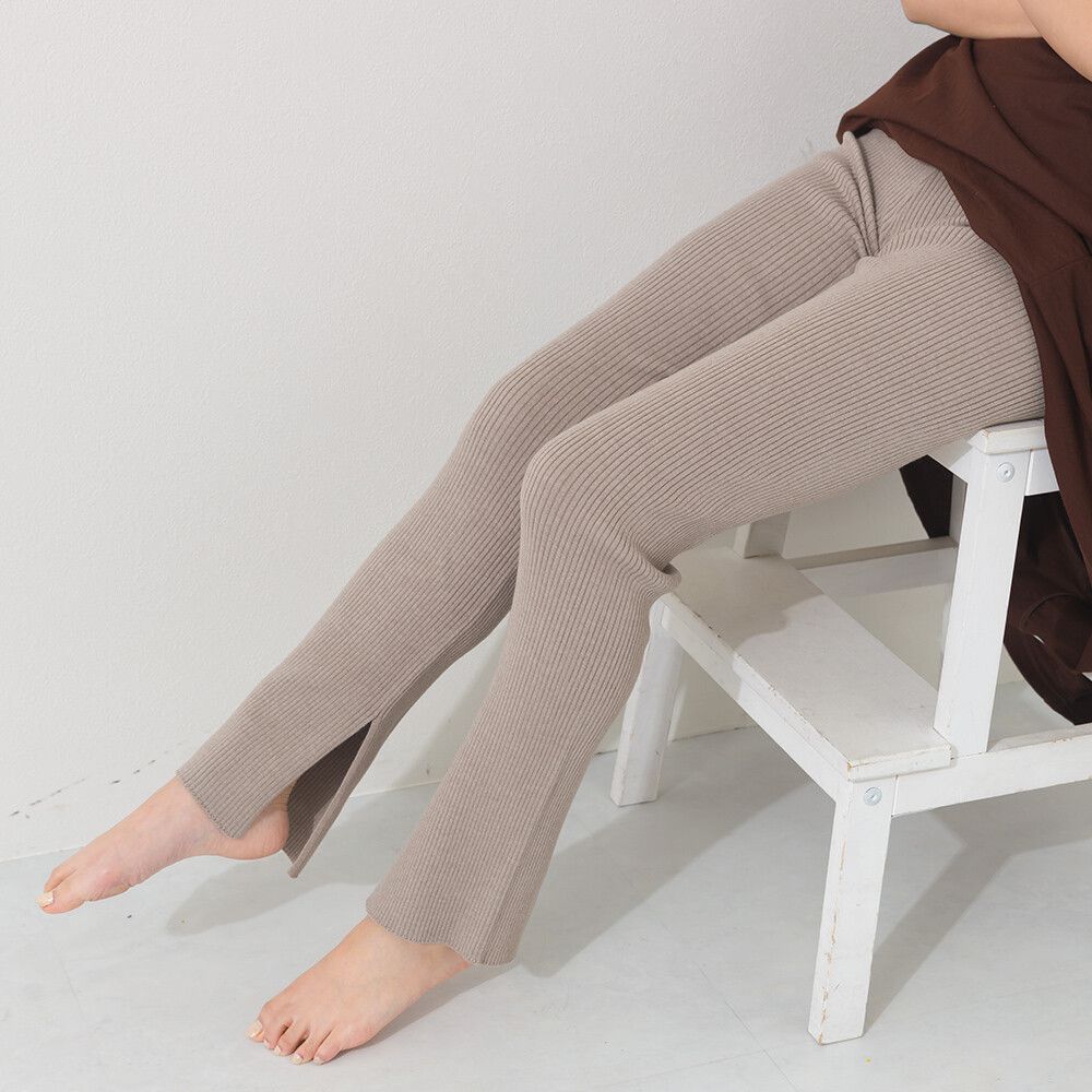 美腿羅紋側開叉合身長褲/打底褲-燕麥棕