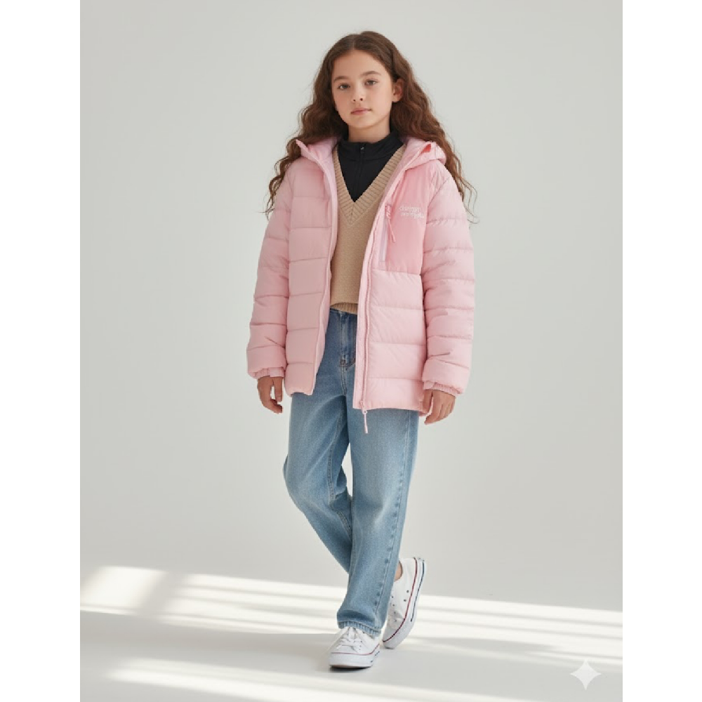 (100%鴨絨)休閒風拼色輕量羽絨連帽外套-粉