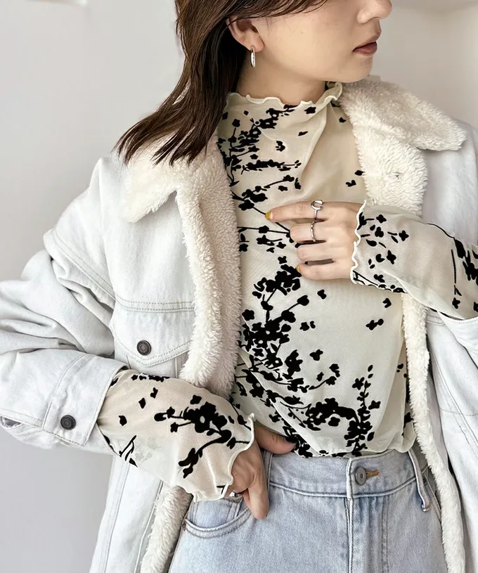 日本 Classical Elf - 成熟感花卉透膚木耳領長袖上衣-黑底棕花