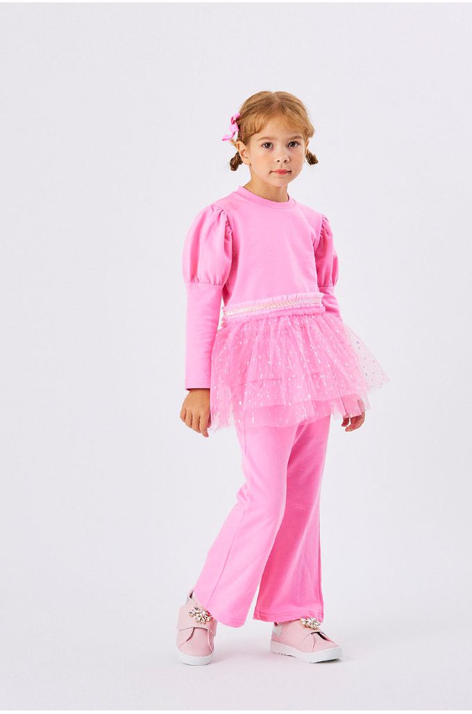 韓國 OZKIZ - 亮片網紗裝飾長袖微喇叭套裝-粉