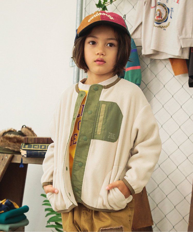 日本 BREEZE - 古著撞色輕質短毛外套-米白x軍綠