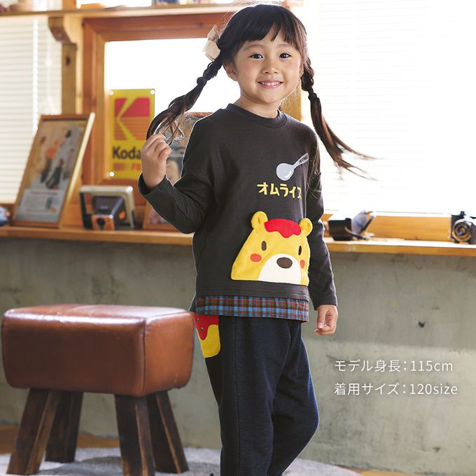 日本 ZOOLAND - 俏皮印花格紋拼接長袖上衣-療癒咖哩飯-酒紅