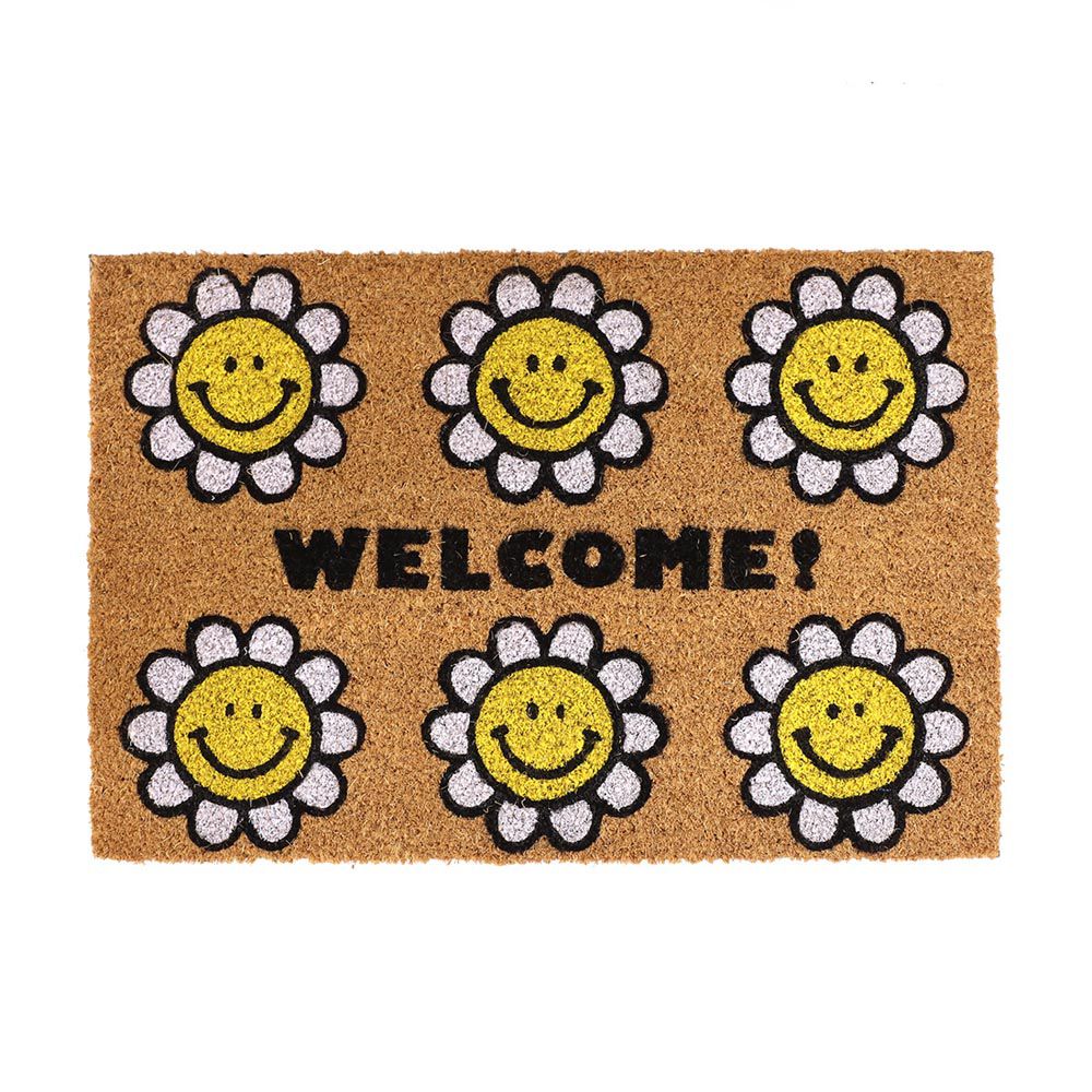 日本 TOMO - 椰子纖維室外腳踏墊/地墊-花花笑臉 (約60×40cm)