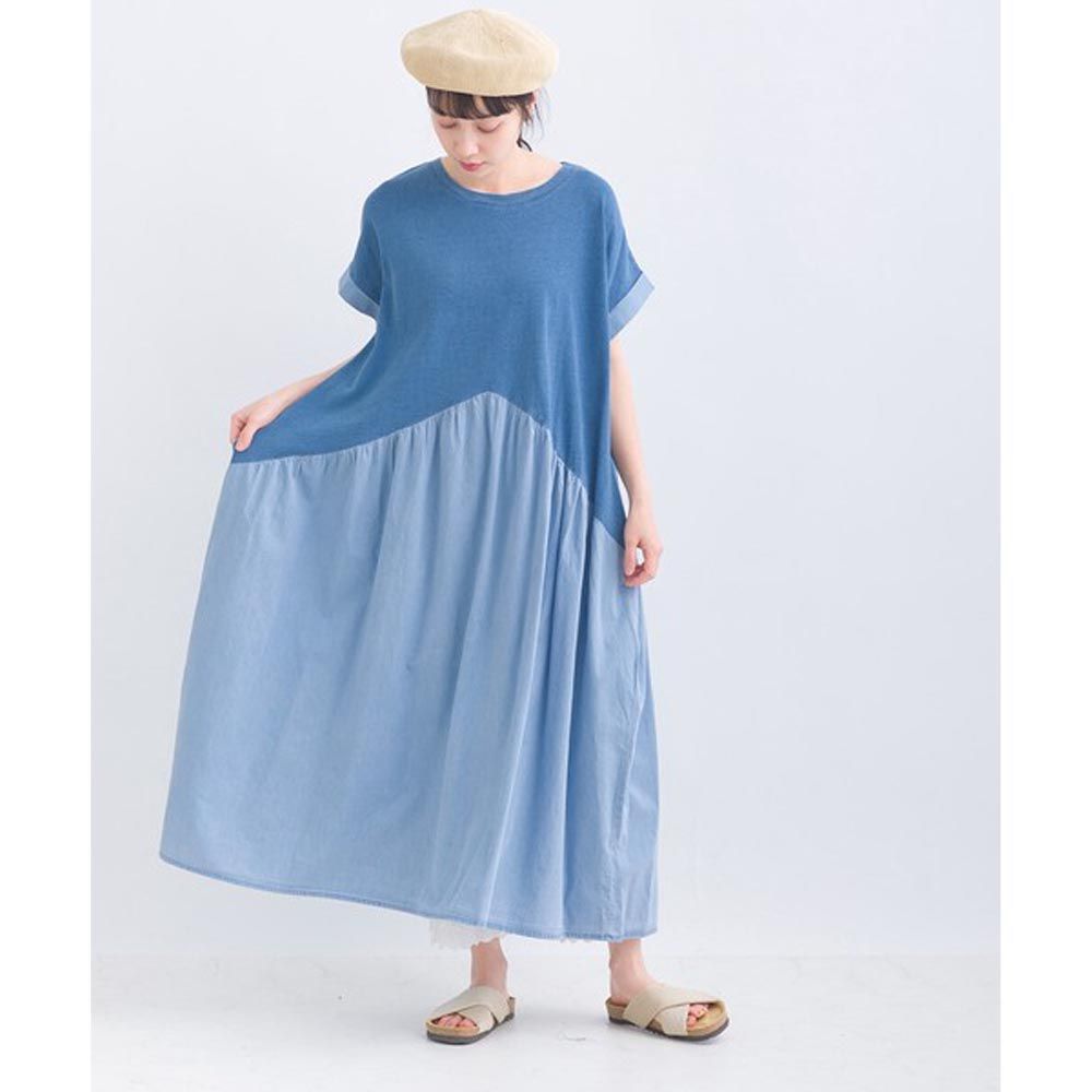 日本 Lupilien - [人氣款] 顯瘦雙色拼接純棉洋裝-丹寧藍