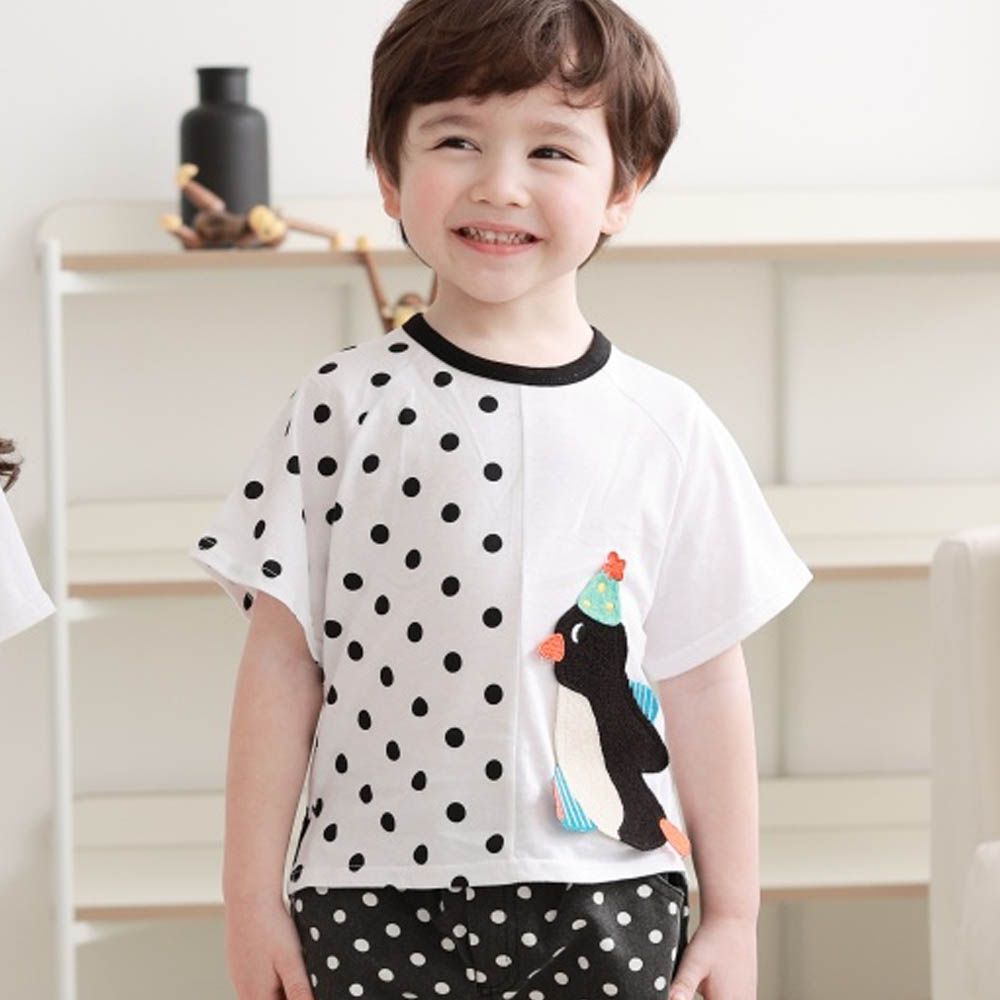奔走企鵝圓點短袖上衣-黑白