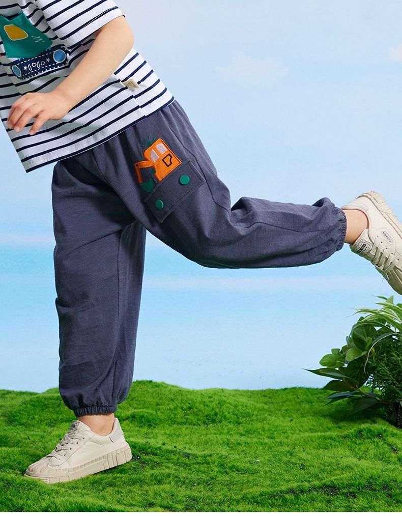 竹節棉束口長褲/防蚊褲-挖掘機-杏色