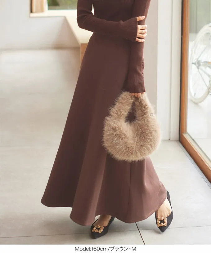 日本 Kobe Lettuce - 極上溫暖 裏起毛優雅垂墜傘狀長裙-黑