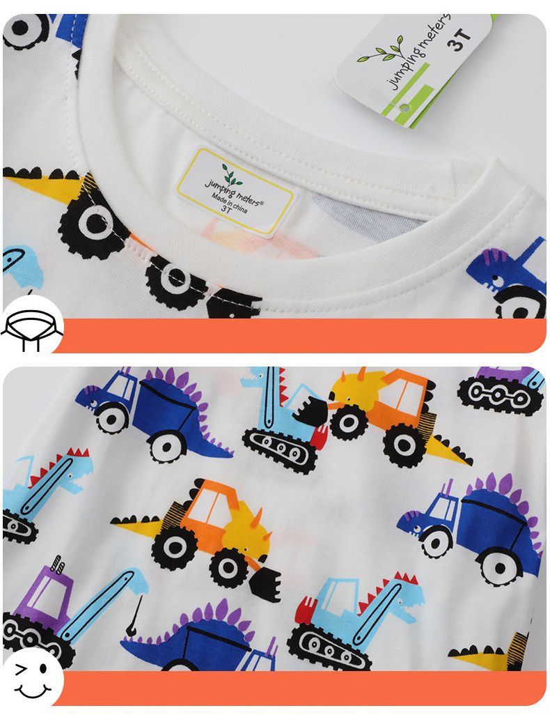 Jumping meters - 棉質圓領短袖上衣-恐龍工程車-白色