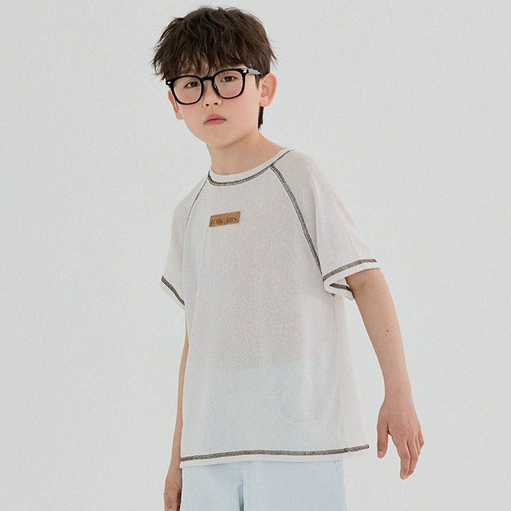 品牌標籤編織短袖上衣-米