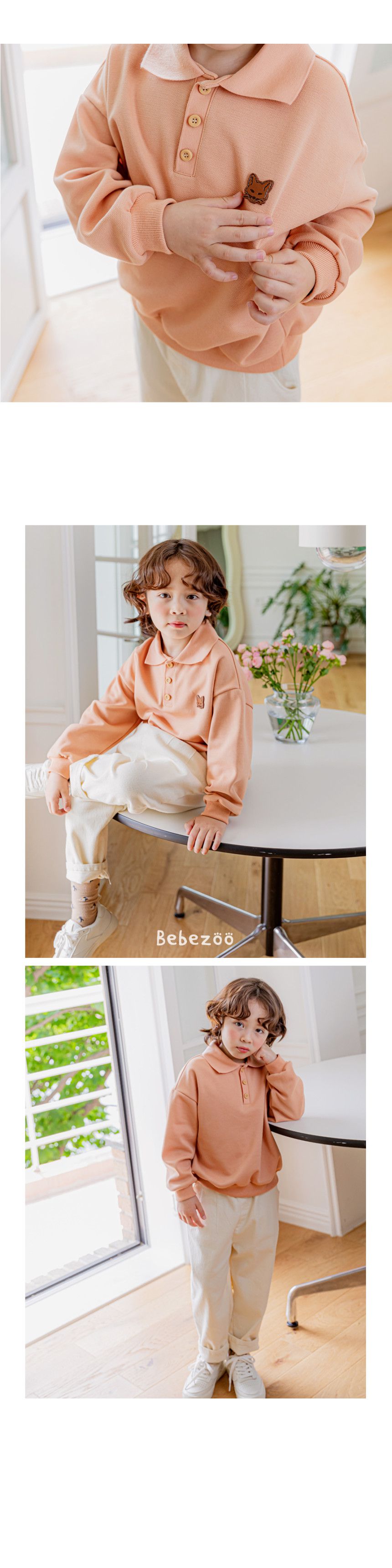 韓國 Bebezoo - 小狐狸裝飾翻領長袖上衣-奶油白