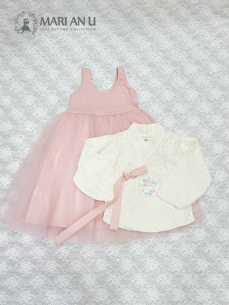 韓國 Mari an u - 兩件式蕾絲雕花網紗韓服-米X粉