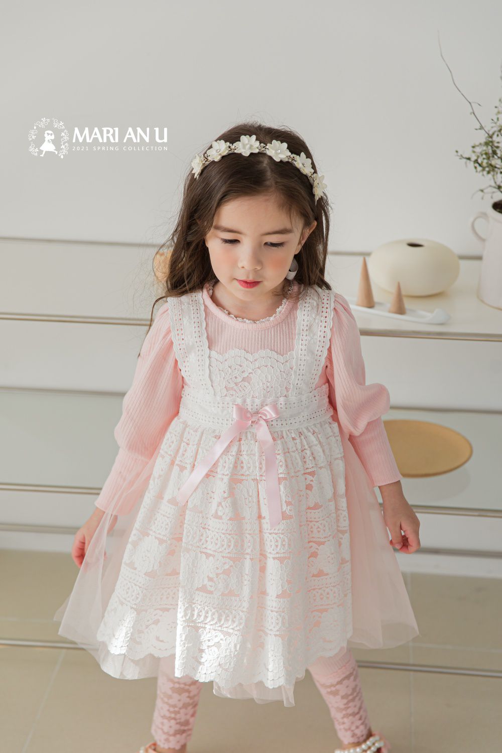 韓國 mari an u - 假蕾絲圍裙網紗洋裝-蜜桃粉