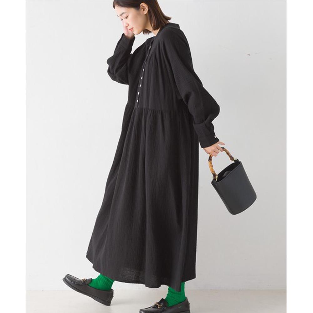 日本 OMNES - 質感二重紗寬版長袖洋裝-黑