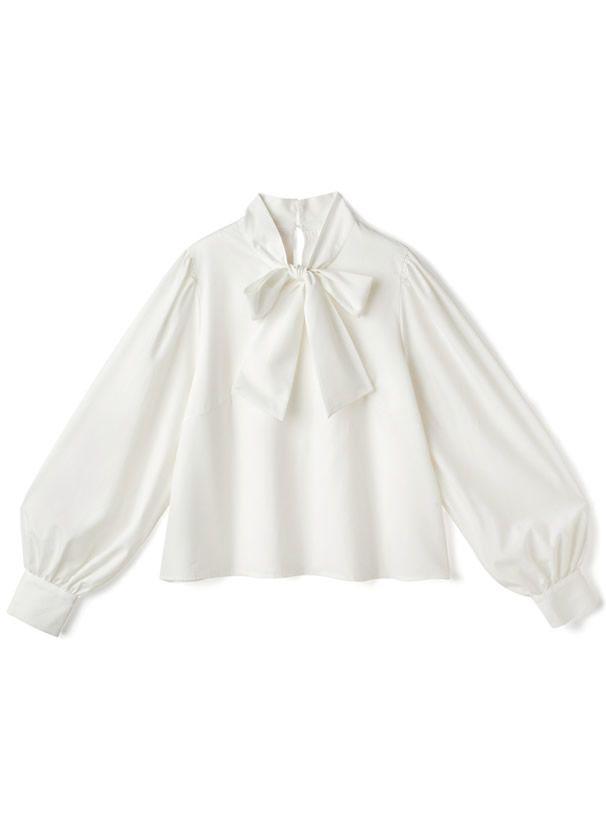 日本 GRL - 緞面蝴蝶結澎袖上衣-氣質米