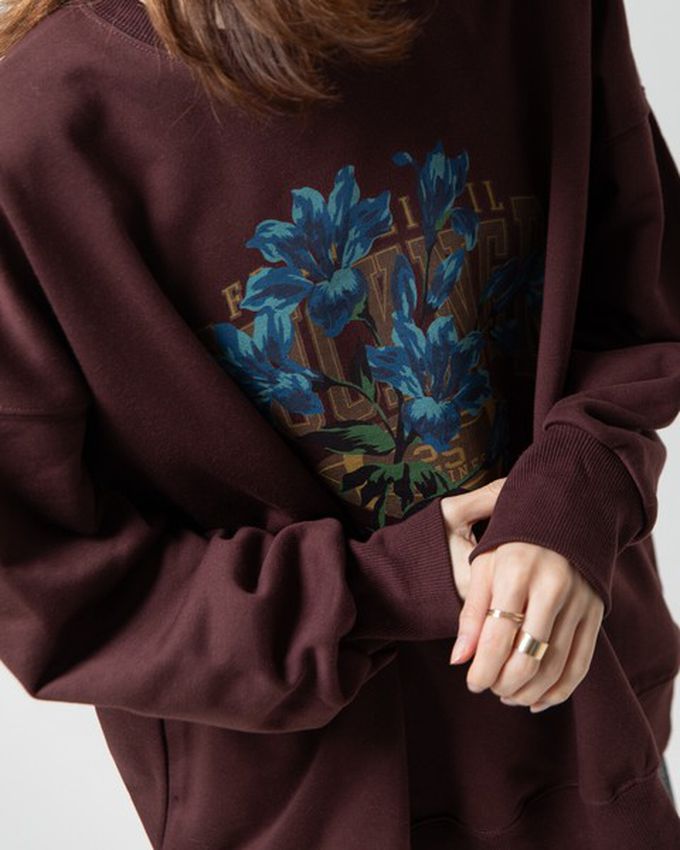 日本 gleam - 裏毛寬版學院風花卉大學T-炭灰