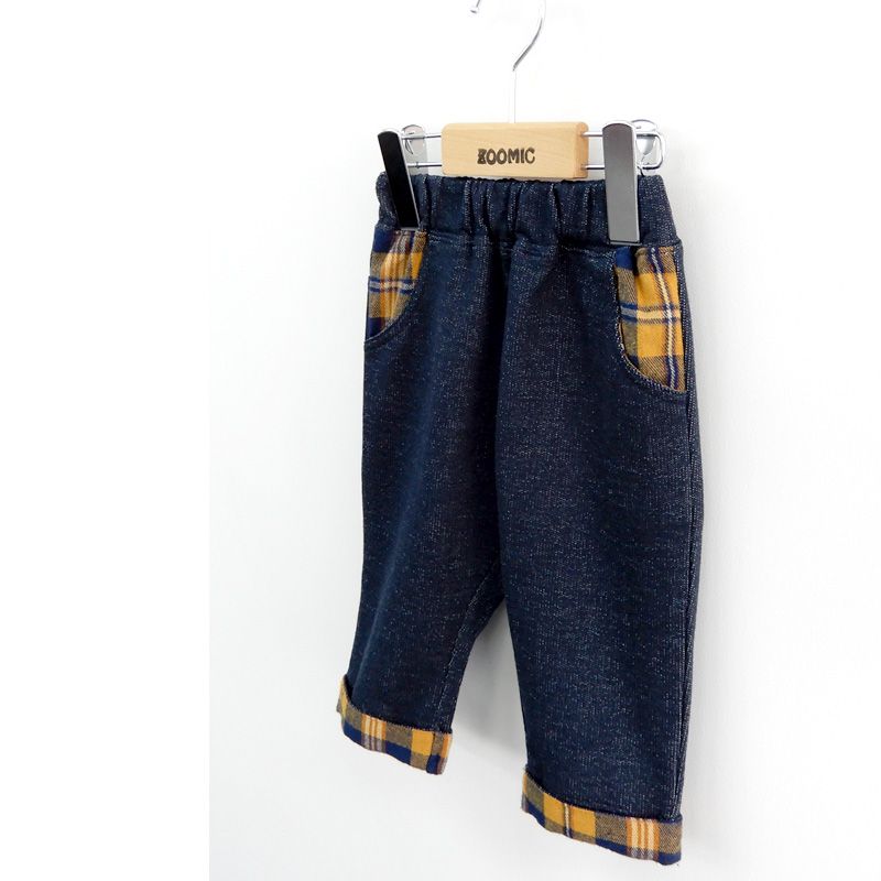 日本 ZOOLAND - 印花拼接七分褲-狗狗格紋-深藍