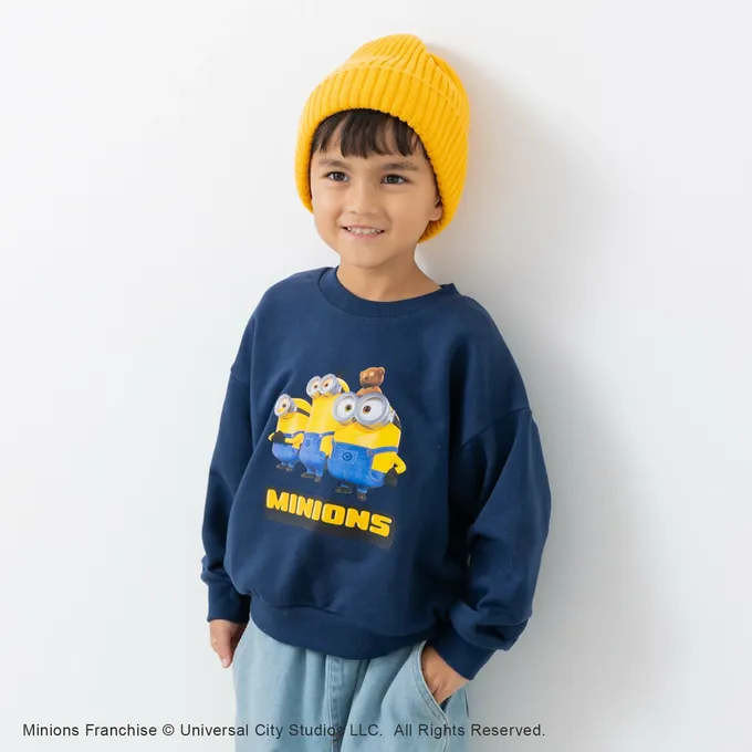 日本 Chil2 - 限量聯名 裏毛印花大學長袖上衣-卡通人物小小兵-立體刺繡-米杏