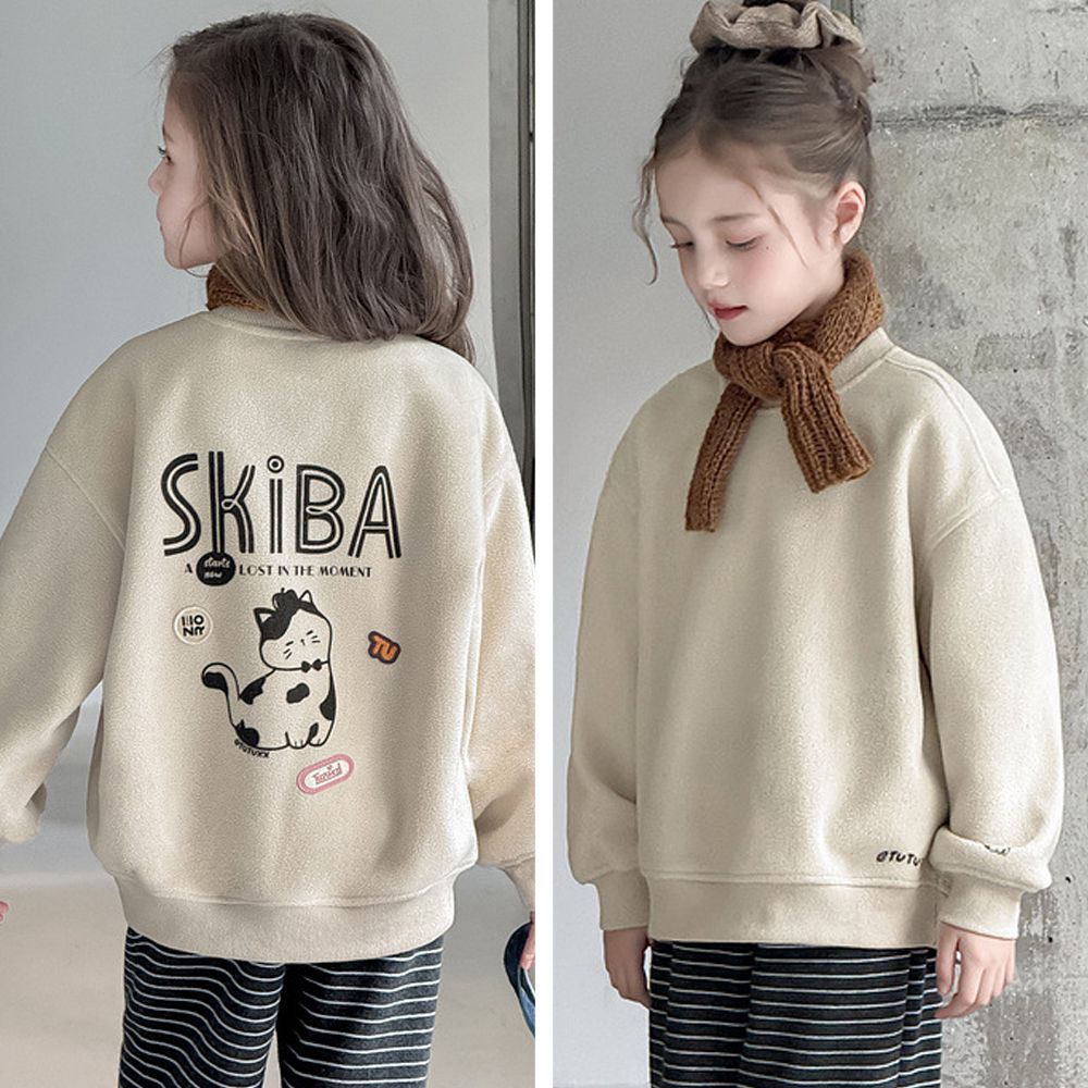 抗靜電暖暖絨長袖上衣-可愛貓咪-杏色