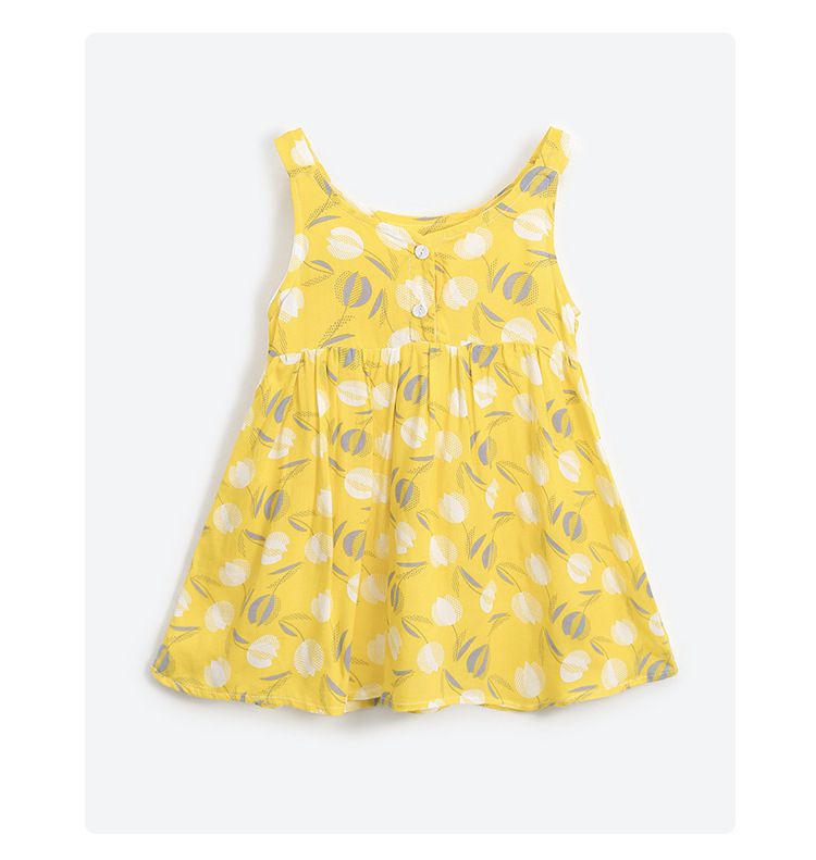 小清新印花吊帶洋裝-滿版花朵-黃+白+灰