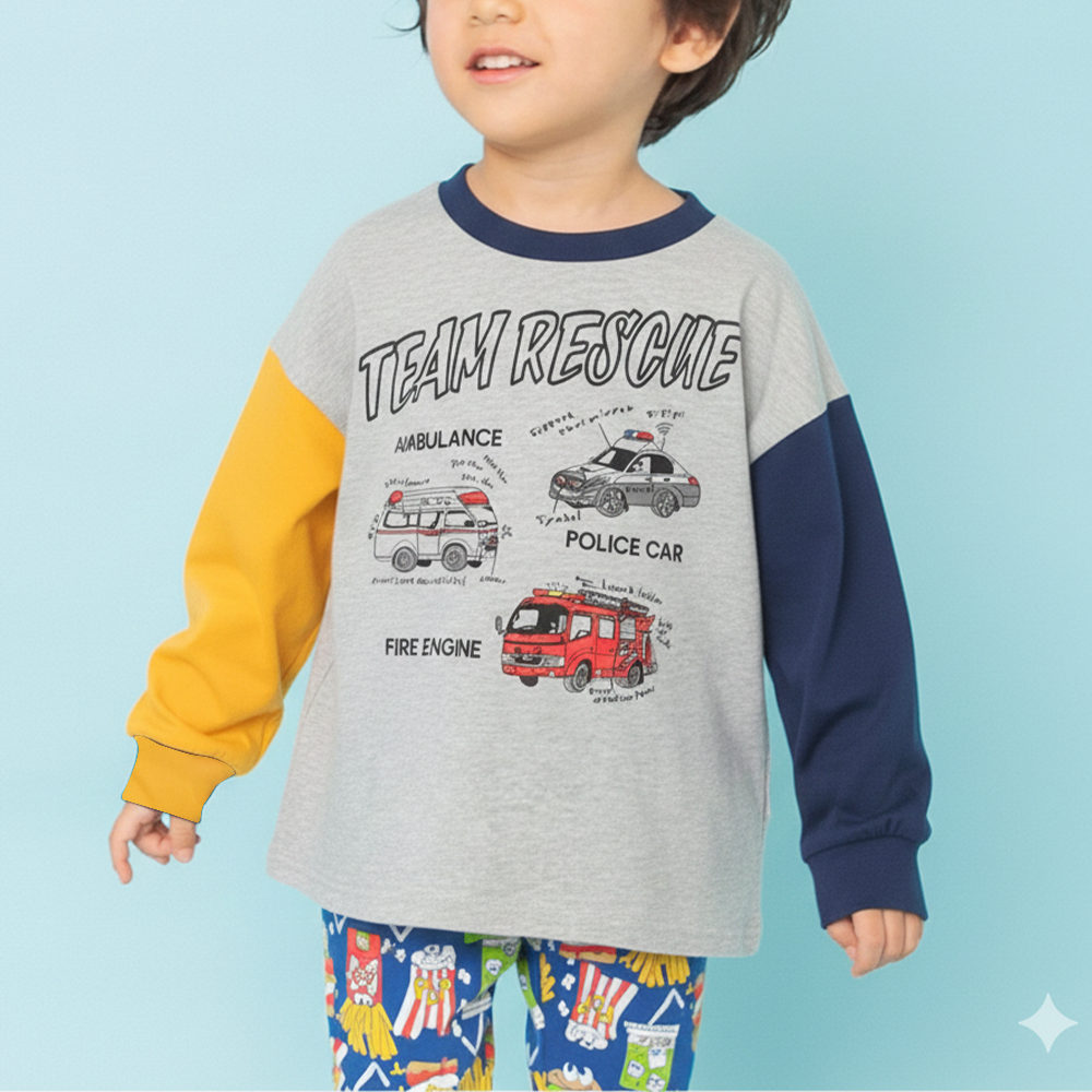 俏皮印花薄長袖上衣-工作車們-淺灰撞色