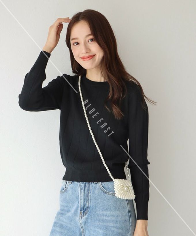 日本 BLUE EAST - 圓領粗坑條長袖針織上衣-墨綠