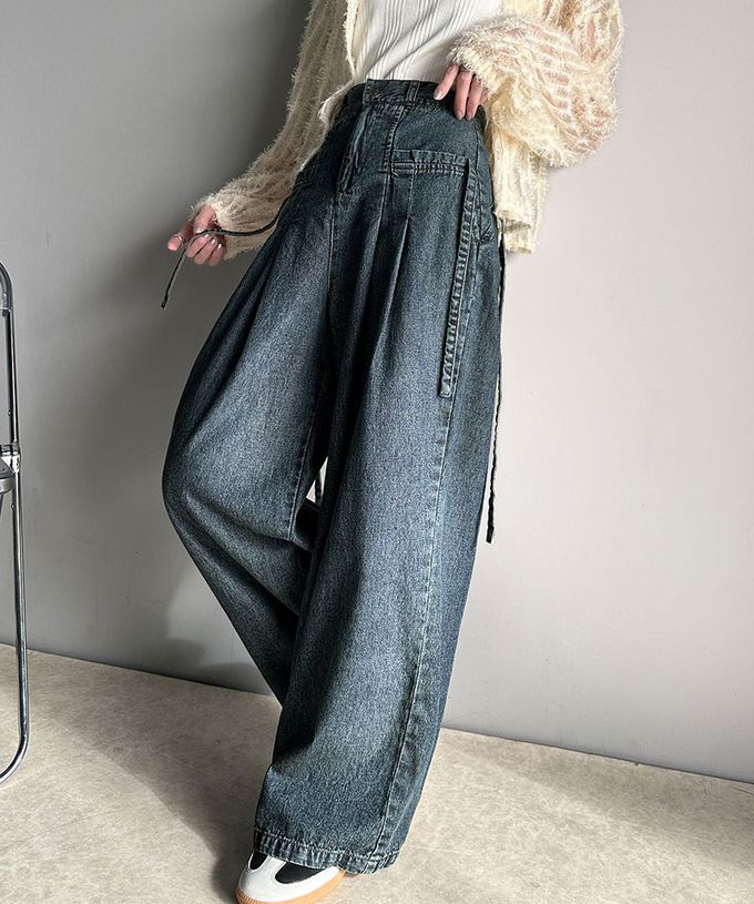 日本 Classical Elf - 側蝴蝶結純棉丹寧摺線寬褲-(環保材質)-淺藍