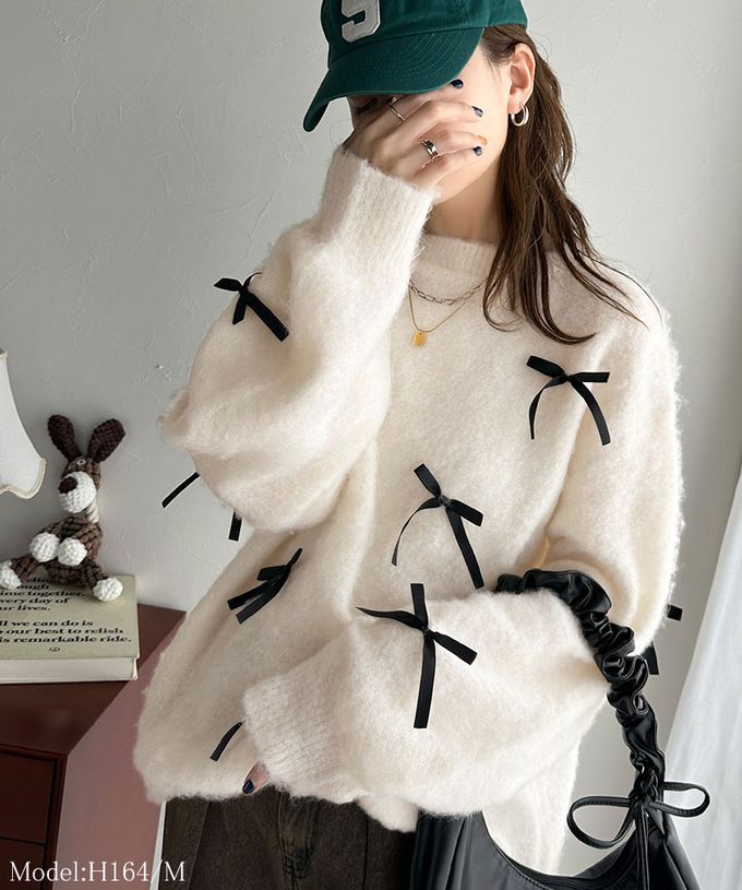 日本 Classical Elf - 甜美滿點 毛海蝴蝶結浪漫毛衣-白